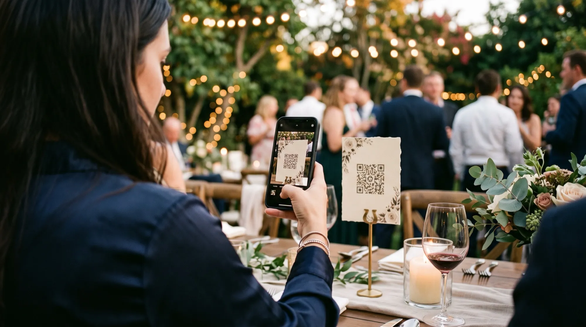 Een gast scant het QR-kaartje op tafel tijdens een tuinfeest
